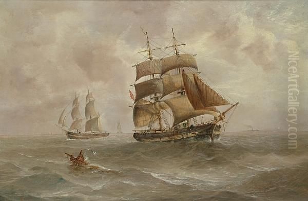 Merchantmen In A Choppy Sea, A Steam Vessel On The Horizon - view 1