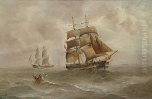 Merchantmen In A Choppy Sea, A Steam Vessel On The Horizon by T. Edwards