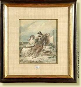 Couplede Pecheurs, Aquarelle Sur Papier. Signee En Bas A Droite J.j.eeckhout. Traces De Date. Ecole Belge. Dim.:27x23cm by Jacobus Josephus Eeckhout