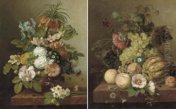 Summer Flowers In A Vase On A Marble Ledge; And Grapes, Peaches,melon And An Apricot On A Marble Ledge - view 1