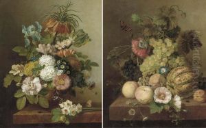 Summer Flowers In A Vase On A Marble Ledge; And Grapes, Peaches,melon And An Apricot On A Marble Ledge by Eelke Jelles Eelkema