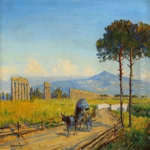 Scenery With Aqueduct And Donkey Cart On A Gravel Road by Mogens Ege