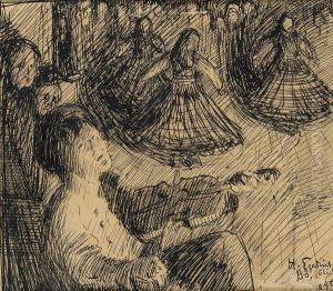 Spillemand Og Tremandsdans 1895 by Halfdan Egedius