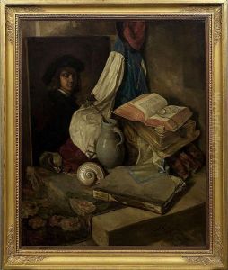 Stillleben Mit Gemalde,buchern Und Muscheln by Gustav Eggena