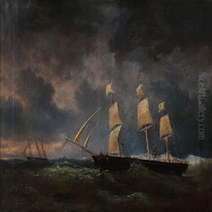 Seascape With Sailing Ships In Rough Sea by Egidius Linnig