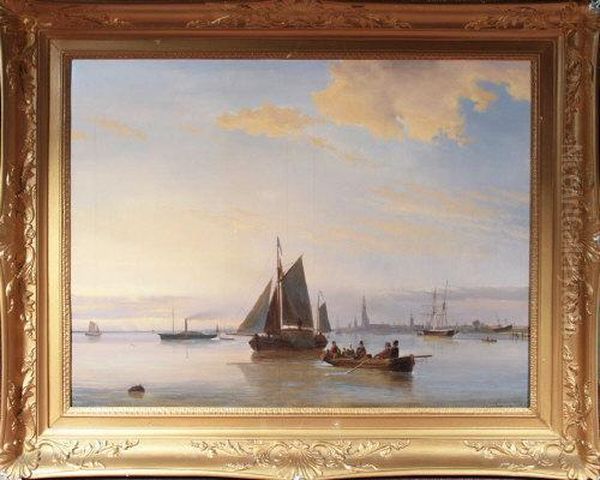 A Harbour Scene With Figures In A Rowing Boat, A Hay-barge And Other Shipping - view 1