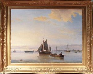 A Harbour Scene With Figures In A Rowing Boat, A Hay-barge And Other Shipping by Egidius Linnig