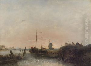 Moored Boats On A Frozen River by Egidius Linnig