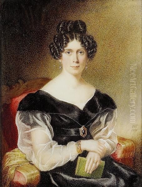 Harriet Thornton (d.1832), Seated In A Red Upholstered Chair, Wearing Black Dress With White Gauze Sleeves And Jewelled Belt Buckle, Bracelet And Drop Earrings Set With Pearls And Turquoise, She Holds A Book, Her Yellow Shawl Over The Arm Of The Chair - view 1
