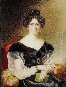 Harriet Thornton (d.1832), Seated In A Red Upholstered Chair, Wearing Black Dress With White Gauze Sleeves And Jewelled Belt Buckle, Bracelet And Drop Earrings Set With Pearls And Turquoise, She Holds A Book, Her Yellow Shawl Over The Arm Of The Chair by William Egley