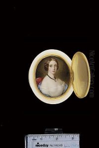 Lady Bruce, Seated In A Red Chair, Wearing White Dress, A Blue Shawl Around Her Shoulders, A Gold Heart-shaped Locket Suspended From A Black Ribbon Around Her Neck, Her Brown Hair Plaited And Upswept by William Egley