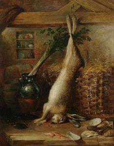 Still Life Of A Hare, Oysters And A Jug Of Celery In A Larder by Samuel Eglington