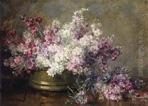 Copper Bowl Filled With White And Pink Matthiola - view 1