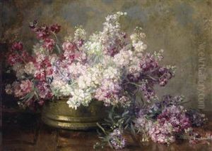 Copper Bowl Filled With White And Pink Matthiola by Marie Egner