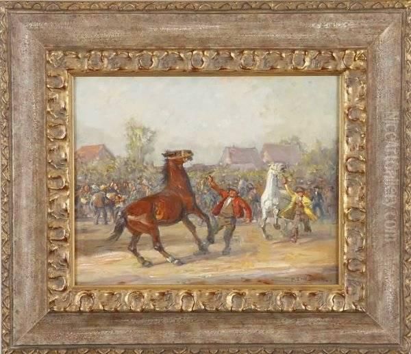 Horses With Trainers And Crowd - view 1