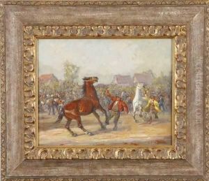 Horses With Trainers And Crowd