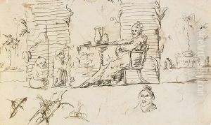Fantasi Med Mandarin Sittande Vid En Paviljong Omgiven Av Fontaner Med Uppvaktande Kineser by Carl August Ehrensvard