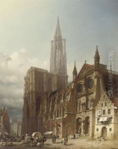 Marketday On The Square In Front Of The Cathedral Of Strasbourg by Friedrich Eibner