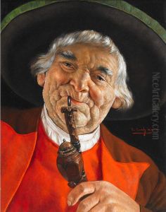 Studies Of Countrymen In Red: Tyrolean Smoking His Pipe by Erwin Eichinger