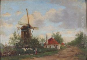 Dutch Village With Windmill by Willem Hendrik Eickelberg