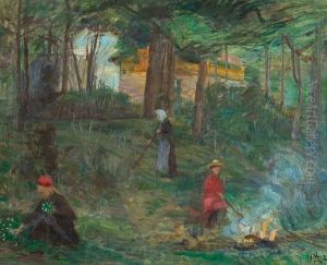 Landskap Med Kvinne Og Barn 1912 by August Eiebakke