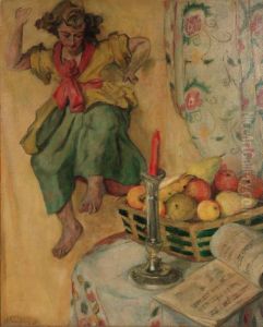 Engel Und Stilleben Mit Fruchten, Noten Und Kerze by Eduard (david) Einschlag