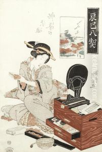 Lady Of Yoshiwara Powdering Her Face by Keisai Eisen