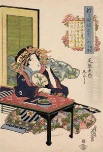 A Lady Seated At A Table Holding A Fan by Keisai Eisen