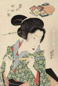 Oban Tate-e De La Serie Tosei Kobutsu Hakkei, Les Huit Vues Des Choses Preferees, Okubi-e D'une Bijin Tenant Un Kizeru. by Kosei Eisen