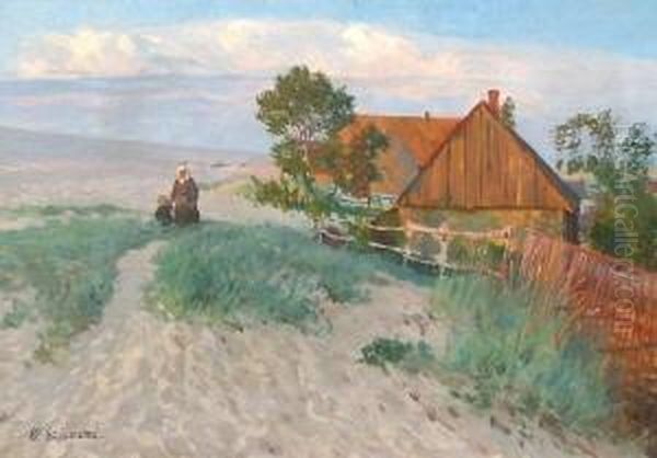 Memellandschaft Mit Altem Bauernhaus In Den Dunen Und Einer Frau, Die Ein Kind An Der Hand Halt - view 1