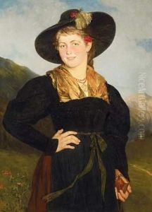 Tirol Lady In Front Of A Vast Alpine Landscape by Richard Eisermann