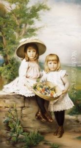 Children With Spring Bucket Of Flowers by Richard Eisermann
