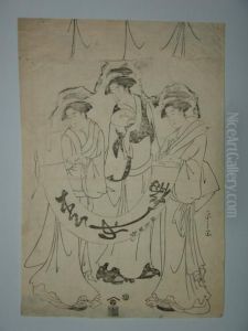 Trois Jeunes Femmes Tiennent Une Banderole by Chobunsai Eishi