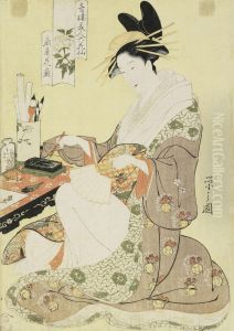 A Portrait Of The Courtesan Hanaogi Of The Ogiya Preparing Todecorate A Fan by Chobunsai Eishi
