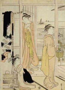 Three Women On A Veranda Looking Out Across A Shoreline by Chobunsai Eishi