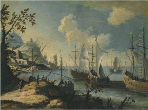A Mediterranean Coastal Scene With Ships At Anchor And Figures On A Path To The Left by Johann Eismann