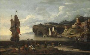 Veduta Costiera Con Imbarcazioni E Cavalieri by Johann Eismann