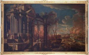 Paesaggio Con Capriccio Architettonico E Scena Di Battaglia
