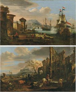 Veduta Marina Con Porto Fortificato E Galeoni All'approdo by Johann Eismann