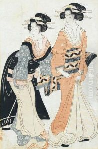 Zwei Geishas Mit Lampion by Kikukawa Eizan