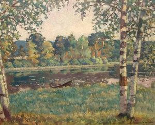 Moored Boat In A Tranquil Wooded River Landscape - view 1