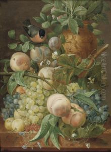 Grapes, Peaches, Berries And Other Fruit With A Bird Near A Sculpted Vase, All On A Marble Ledge Grapes, Peaches, Berries And Other Fruit With A Bird Near A Sculpted Vase, All On A Marble Ledge