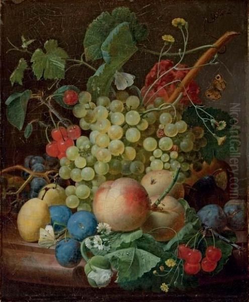 Grapes, Cherries, Peaches, Greengages, Plums, Daisies And A Butterfly On A Marble Ledge - view 1