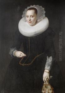 Portrait Of A Lady, Standing,three-quarter-length, In A Black Dress And White Collar, Holding Aglove by Nicolaes (Pickenoy) Eliasz