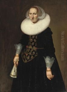 Portrait Of A Lady, Three-quarter-length, In A Gold Embroideredblack Dress With Lace Cuffs And A 'molensteenkraag', Holding Awhite Glove In Her Right Hand