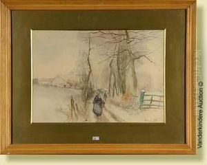 Cheminde Village Anime Sous La Neige, Aquarelle Sur Papier. Signee En Basa Droite Edouard Elle. Ecole Belge. Dim.: 37x52cm