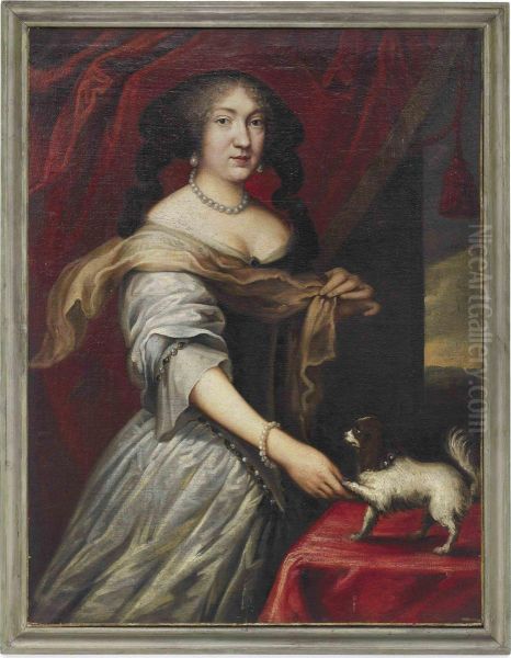 Portrait Of A Lady, Three-quarter-length, In A White Silk Dress, Apuppy By Her Left Hand - view 1