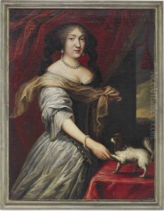 Portrait Of A Lady, Three-quarter-length, In A White Silk Dress, Apuppy By Her Left Hand