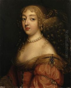 Portrait Of A Lady, Said To Be Laura Mancini, Duchesse De Mrceur,bust Length, In A Red Dress, With A Pearl Necklace Andearrings