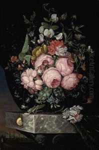 Roses, A Parrot Tulip, Carnations And Other Flowers In A Glass Vaseon A Marble Ledge With A Snail, A Beetle And A Cricket by Ottmar The Elder Elliger